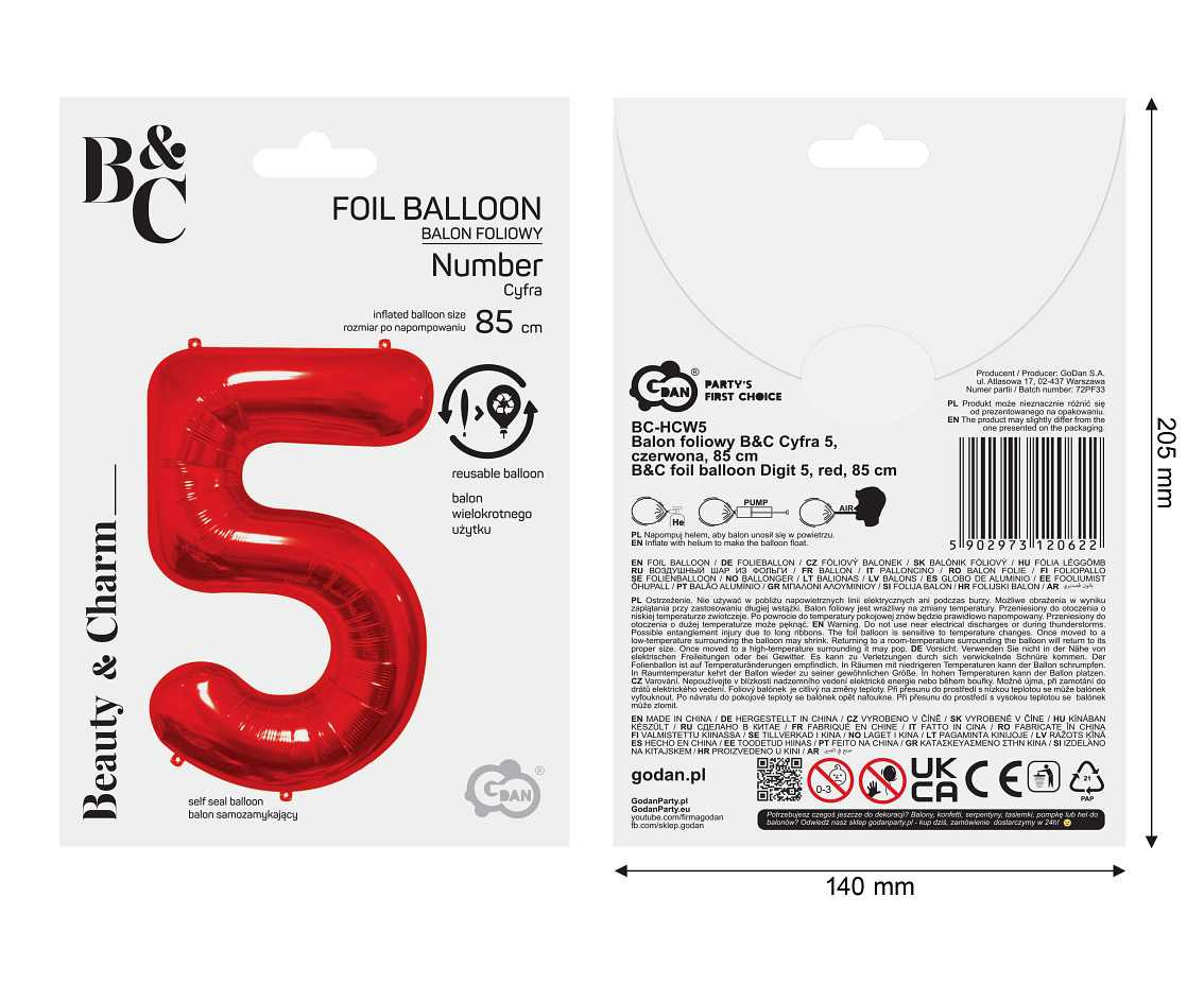 Foil balloon number 5, red, 85 cm